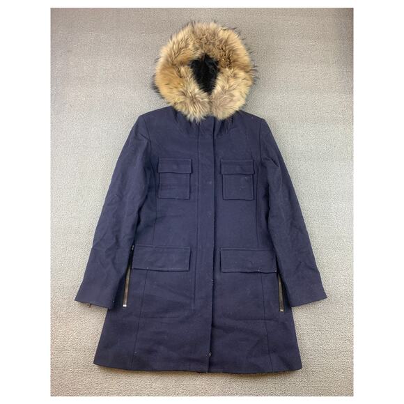 SAM Parka Women's Size Small Blue Jacket Wool Blend Real Fur Hood - Picture 1 of 11
